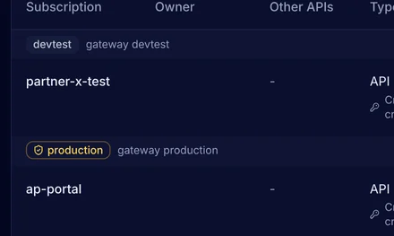 The Subscriptions of the invoices API: partner-x-test in devtest, and ap-portal, partner-x and partner-y in production, each with an API key, a rate limit and its calls in 24 hours