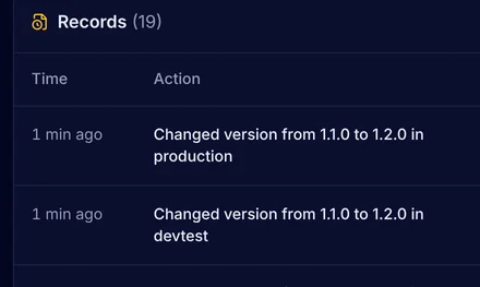The Audit log filtered to deployment changes, with version changes in devtest and production by Anna Virtanen and the reason given for each