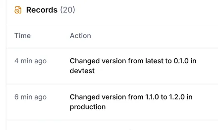 The Audit log filtered to deployment changes, with version changes in devtest and production by Anna Virtanen and the reason given for each