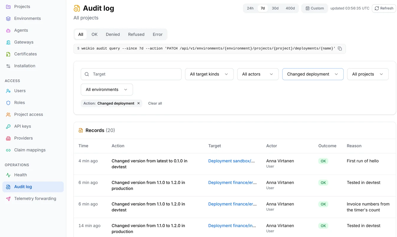 The Audit log filtered to deployment changes, with version changes in devtest and production by Anna Virtanen and the reason given for each