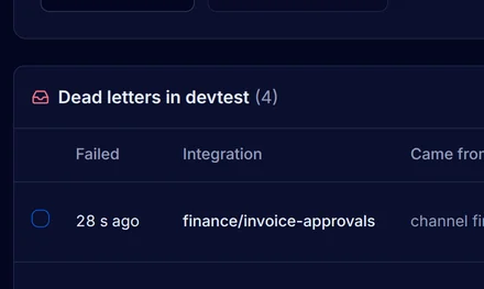 The Dead letters page of devtest with invoice-created events that invoice-approvals failed on because the approval service couldn't be reached