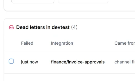 The Dead letters page of devtest with invoice-created events that invoice-approvals failed on because the approval service couldn't be reached