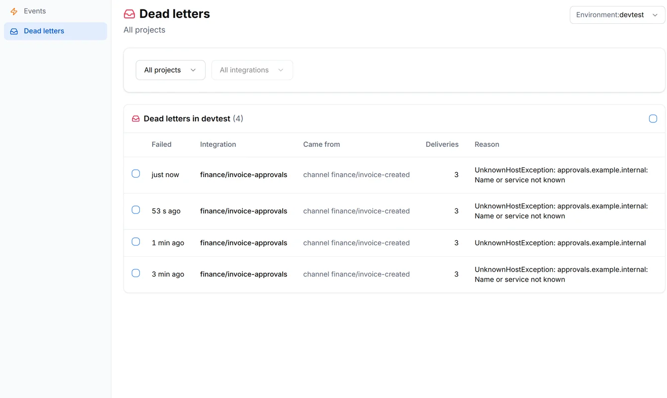 The Dead letters page of devtest with invoice-created events that invoice-approvals failed on because the approval service couldn't be reached
