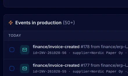 The Events page of production with invoice-created events from erp-invoice-export, each with its invoice number, supplier and amount, and the events budget of production