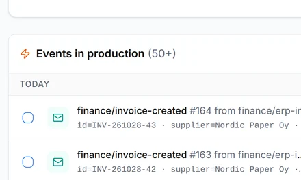 The Events page of production with invoice-created events from erp-invoice-export, each with its invoice number, supplier and amount, and the events budget of production