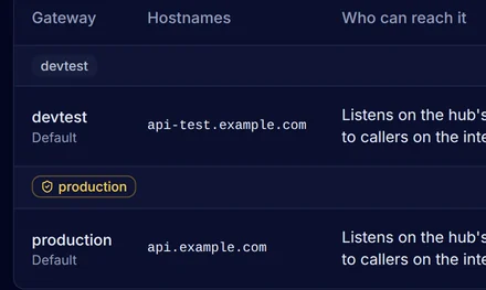 Settings, Gateways, with the devtest gateway on api-test.example.com and the production gateway on api.example.com, each open to callers on the internet and served by the hub