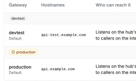 Settings, Gateways, with the devtest gateway on api-test.example.com and the production gateway on api.example.com, each open to callers on the internet and served by the hub