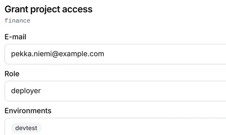 The Grant project access dialog for pekka.niemi@example.com with the role deployer in devtest and the matching weikio member add line