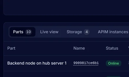 The Health page with all 10 parts online, no platform problems and the table of parts with the backend, the API gateway, the message server and the stores