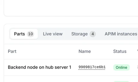 The Health page with all 10 parts online, no platform problems and the table of parts with the backend, the API gateway, the message server and the stores