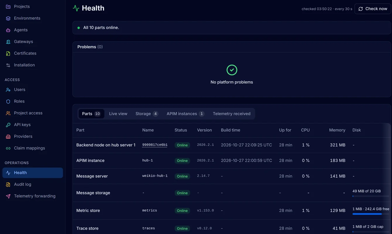 The Health page with all 10 parts online, no platform problems and the table of parts with the backend, the API gateway, the message server and the stores