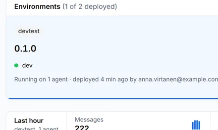 The page of sandbox/hello with version 0.1.0 running in devtest on the agent dev and its log lines with the message hello from weikio