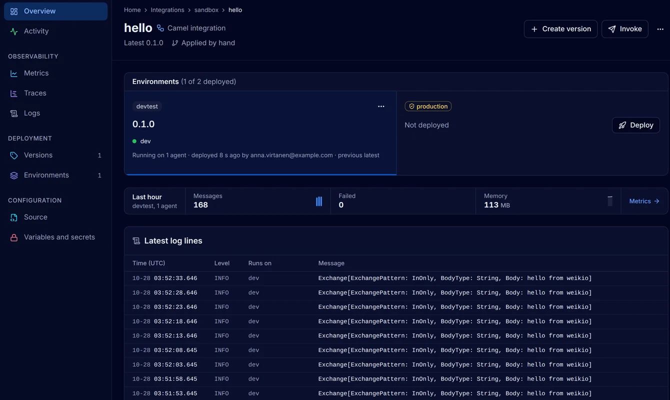 The page of sandbox/hello with version 0.1.0 running in devtest on the agent dev and its log lines with the message hello from weikio