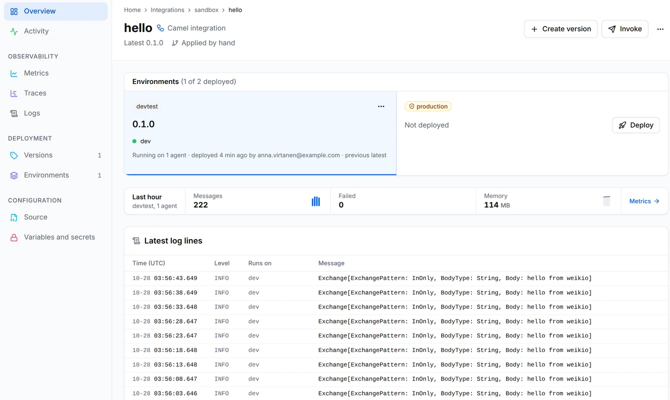 The page of sandbox/hello with version 0.1.0 running in devtest on the agent dev and its log lines with the message hello from weikio