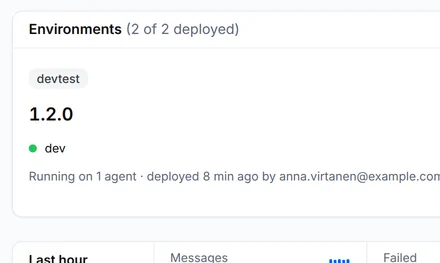 The page of finance/erp-invoice-export with version 1.2.0 running in devtest on the agent dev and in production on fi-01, the last hour of production with no failed messages, and its log lines