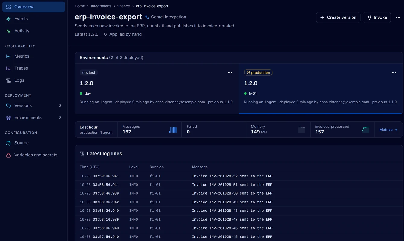 The page of finance/erp-invoice-export with version 1.2.0 running in devtest on the agent dev and in production on fi-01, the last hour of production with no failed messages, and its log lines