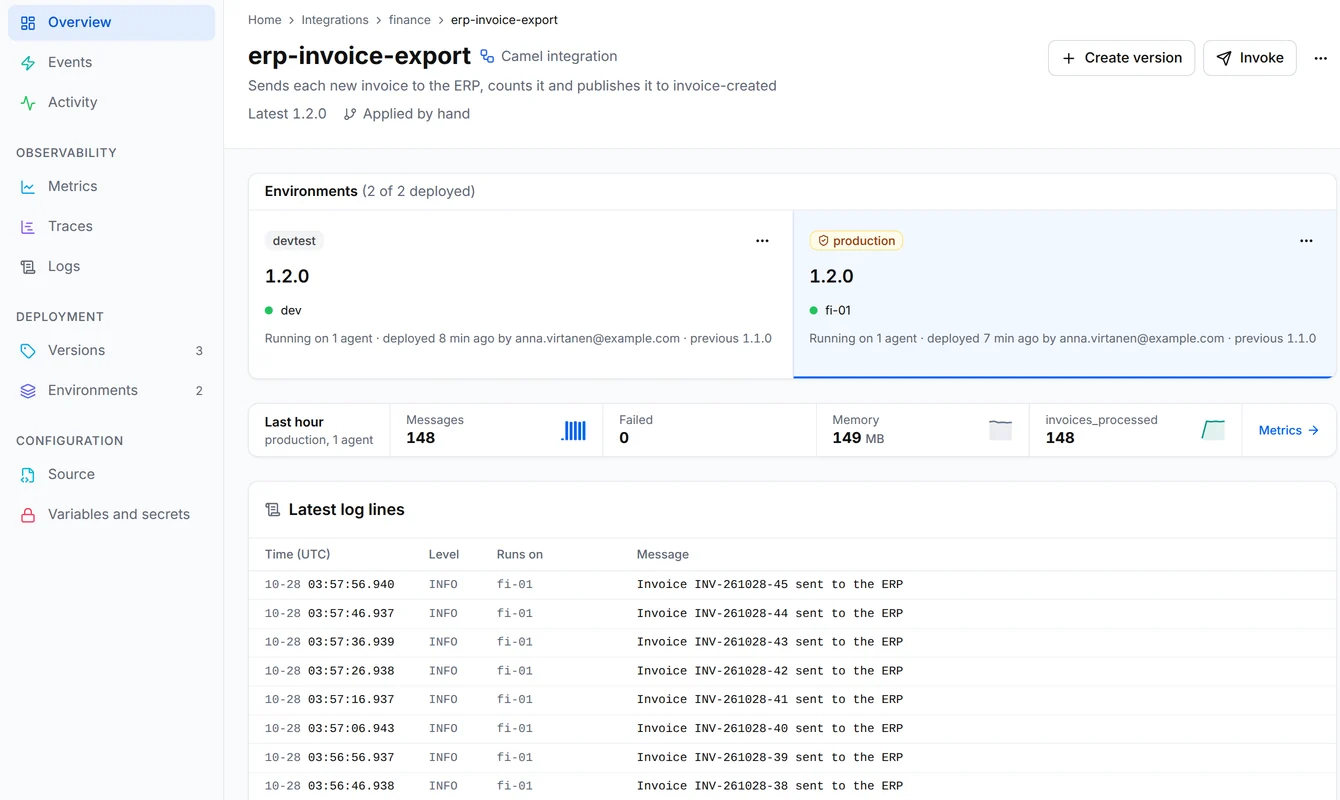 The page of finance/erp-invoice-export with version 1.2.0 running in devtest on the agent dev and in production on fi-01, the last hour of production with no failed messages, and its log lines