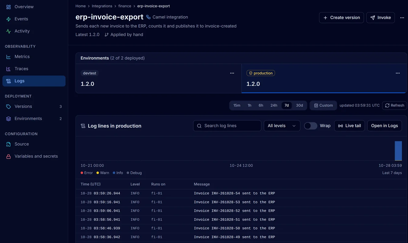 The log lines of finance/erp-invoice-export in production, one line for each invoice sent to the ERP, each from the agent fi-01