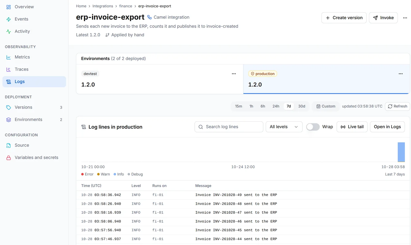 The log lines of finance/erp-invoice-export in production, one line for each invoice sent to the ERP, each from the agent fi-01