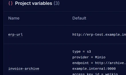 The variables of the finance project with the ERP address of devtest and production, the archive bucket and the supplier folder, and the secret erp-api-key set in both environments