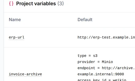 The variables of the finance project with the ERP address of devtest and production, the archive bucket and the supplier folder, and the secret erp-api-key set in both environments