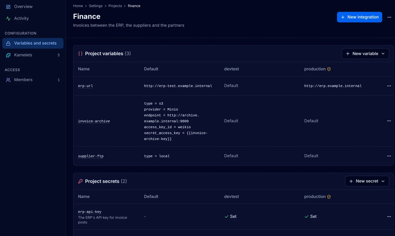 The variables of the finance project with the ERP address of devtest and production, the archive bucket and the supplier folder, and the secret erp-api-key set in both environments