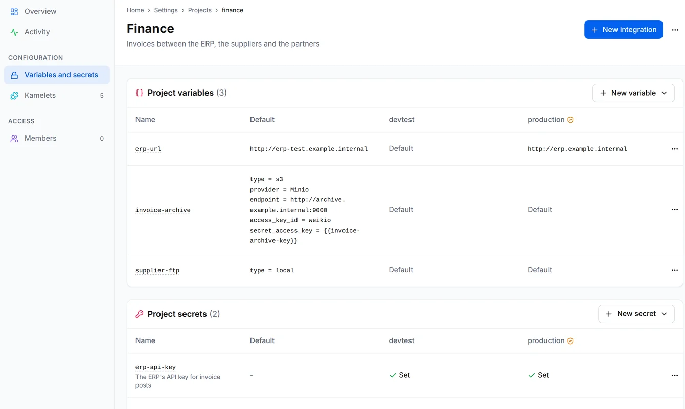 The variables of the finance project with the ERP address of devtest and production, the archive bucket and the supplier folder, and the secret erp-api-key set in both environments