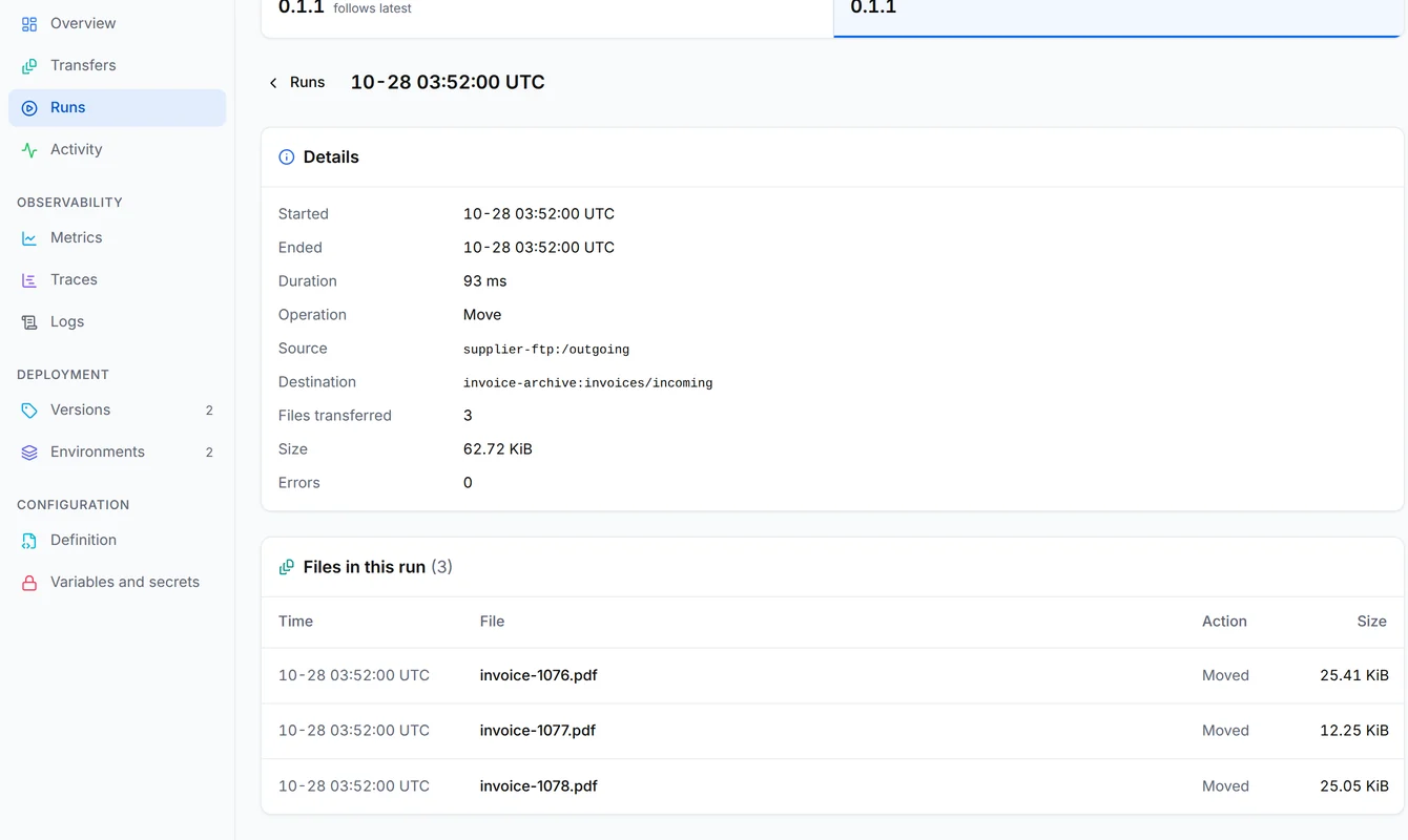 One run of finance/supplier-invoices in production that moved three PDF invoices from supplier-ftp:/outgoing to invoice-archive:invoices/incoming with no errors