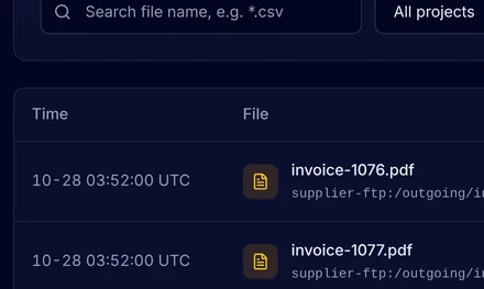 Transferred files with the newest supplier invoices moved by supplier-invoices, each with its source path, size, environment and agent