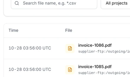 Transferred files with the newest supplier invoices moved by supplier-invoices, each with its source path, size, environment and agent